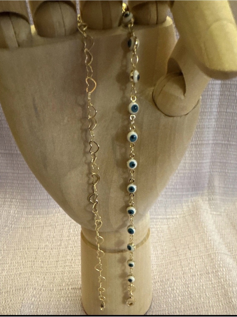 Gold FILLED ankle bracelet with Blue Evil Eye and heart chains #summer #luck